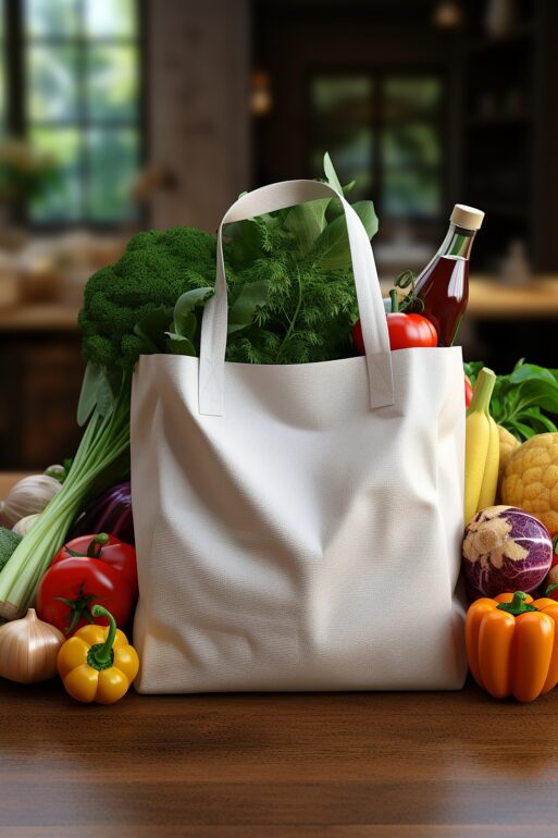 White tote bag overflowing with leafy greens and a bottle, surrounded by fresh vegetables on a wooden table in a kitchen. Since the bag contains greens and a bottle, it emphasizes grocery haul imagery.