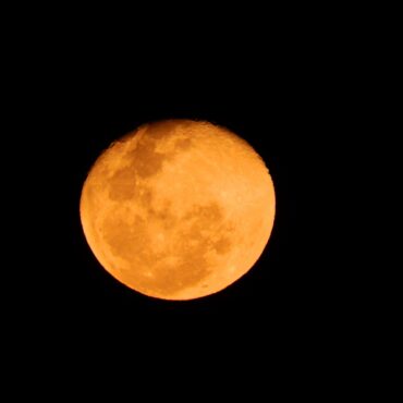 Full orange moon glowing in a dark night sky, cratered surface visible against black background