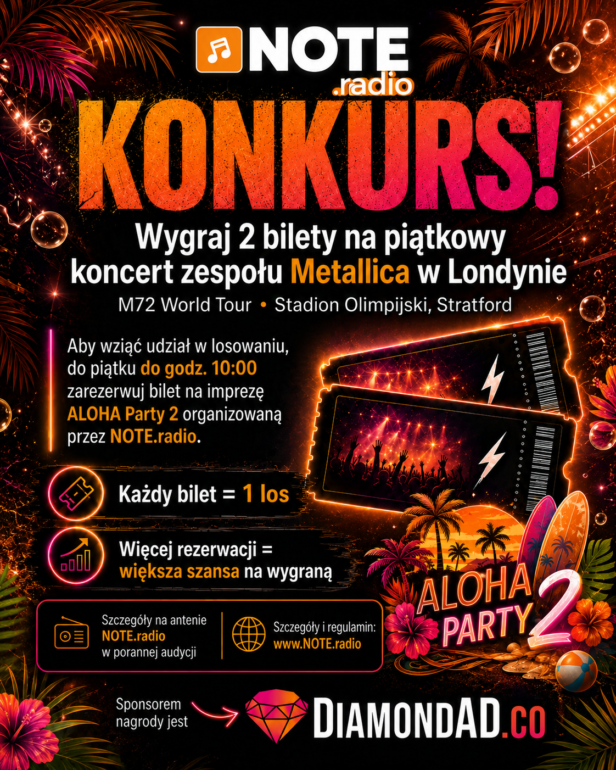 Promotional poster announcing a NOTE.radio contest to win 2 tickets to Metallica in London with neon graphics and two concert tickets graphic.