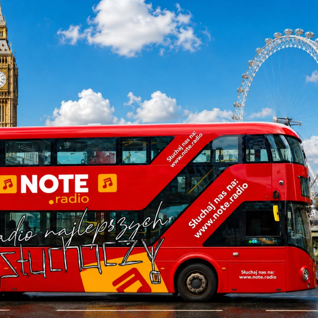 Bright red double-decker bus with NOTE radio branding, white text and musical notes, in front of the London Eye on a sunny day.