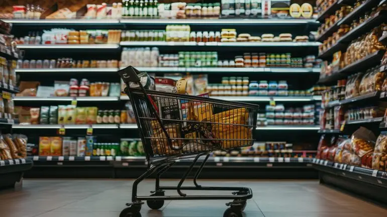 Shopping cart filled with groceries in a supermarket aisle full of shelves behind it