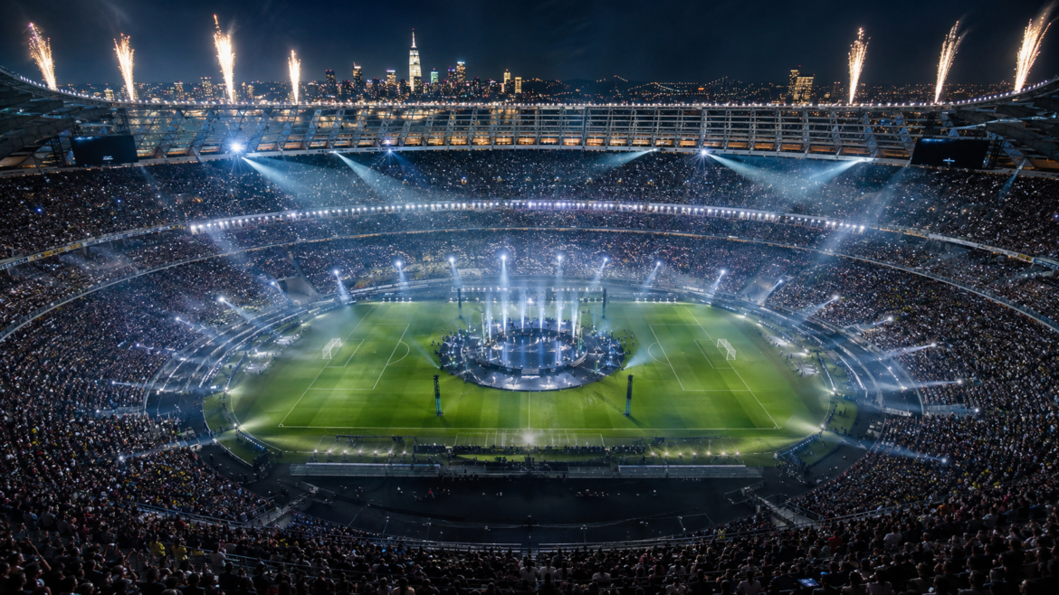 Nighttime stadium concert with a circular stage at the center, fireworks, and a packed crowd surrounding the field.