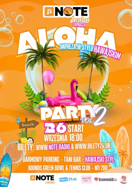 Bright orange Hawaiian-themed party poster with palm trees, a pink inflatable flamingo, balloons, and the words 'ALOHA PARTY' promoting a beach-style event.
