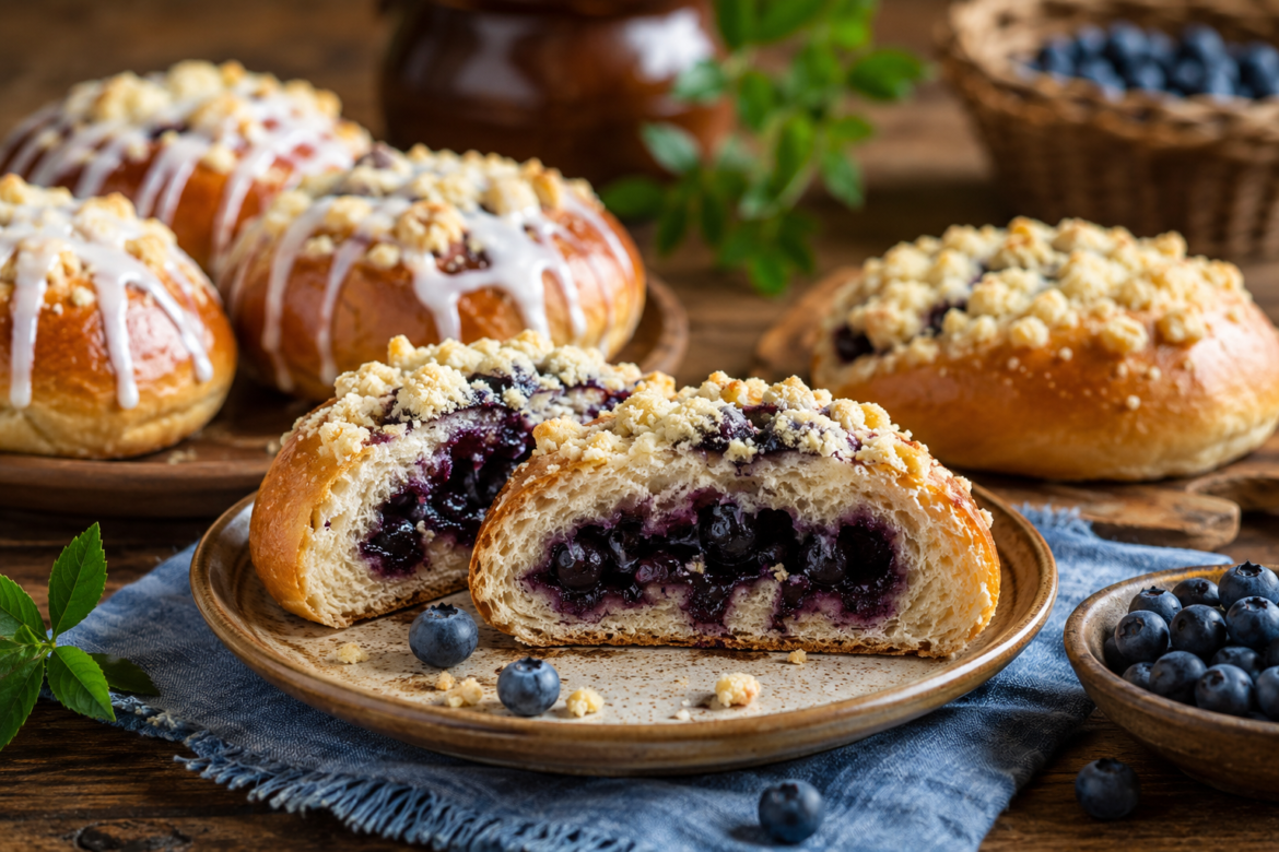 Close-up of a blueberry-filled pastry cut in half to show a jammy purple center and crumb topping on a rustic plate with blueberries nearby.