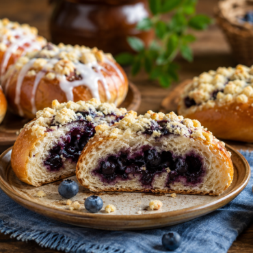 Close-up of a blueberry-filled pastry cut in half to show a jammy purple center and crumb topping on a rustic plate with blueberries nearby.