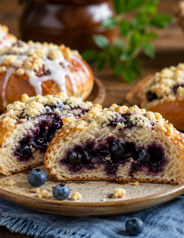 Close-up of a blueberry-filled pastry cut in half to show a jammy purple center and crumb topping on a rustic plate with blueberries nearby.