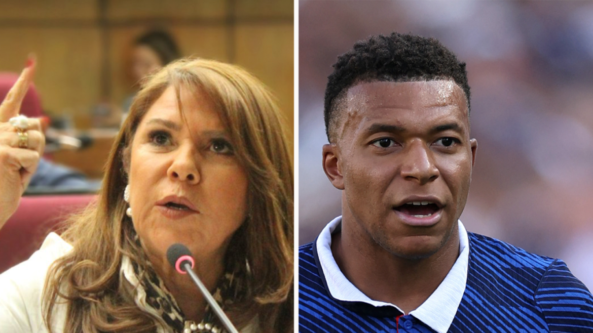 Split image: left panel shows a woman speaking into a microphone in a meeting; right panel shows a man in a blue striped polo reacting during a game.