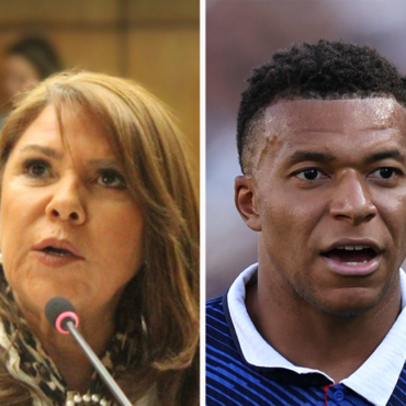 Split image: left panel shows a woman speaking into a microphone in a meeting; right panel shows a man in a blue striped polo reacting during a game.