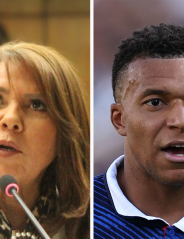 Split image: left panel shows a woman speaking into a microphone in a meeting; right panel shows a man in a blue striped polo reacting during a game.