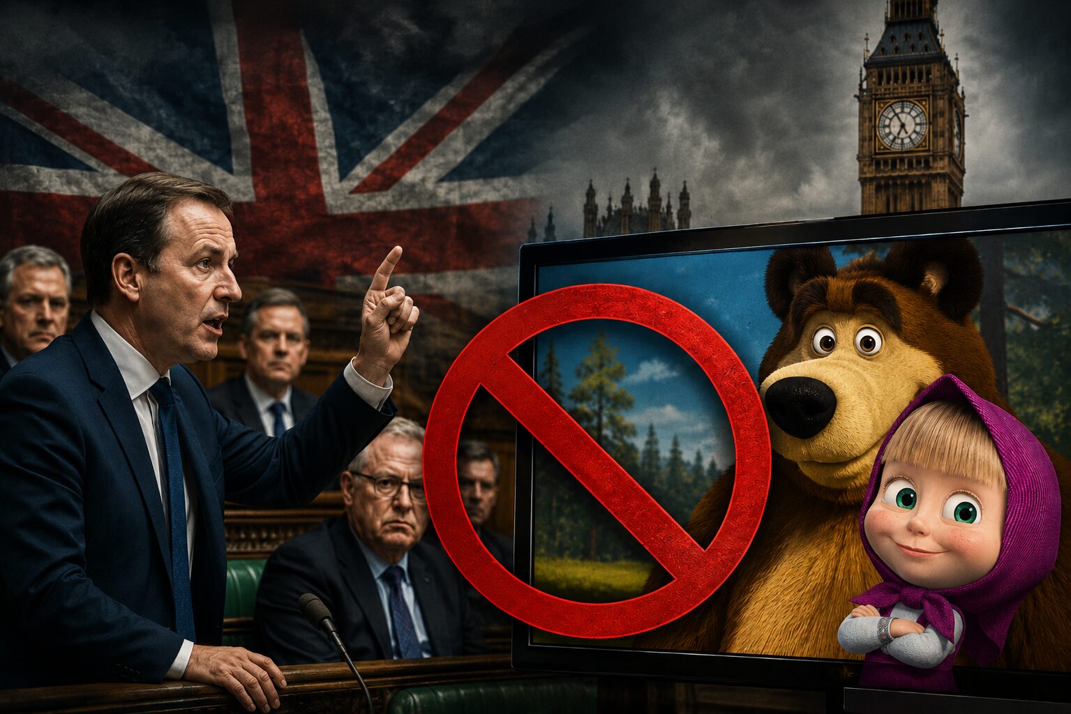 Politician in a suit points during a briefing, with a large red no-entry symbol over a screen showing a cartoon bear and a girl in a purple hood.