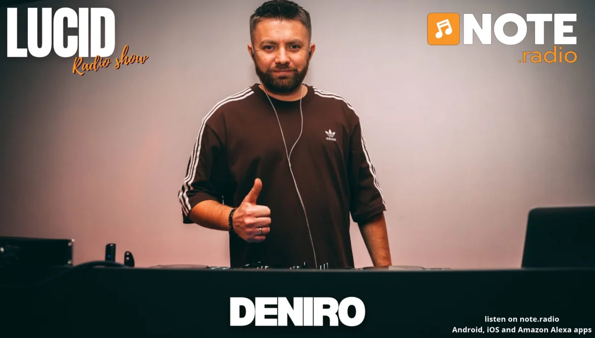 DJ in a brown Adidas sweatshirt gives a thumbs-up from behind a mixing desk, with LUCID Radio show and NOTE radio logos in the background.