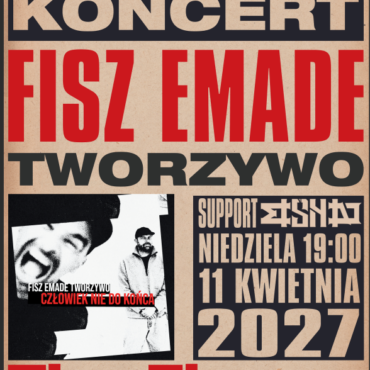 Concert poster advertising Fisz Emade Tworzywo at The Fleece Bristol on 11 April 2027 at 7:00 PM; bold red/black Polish typography with band photos.