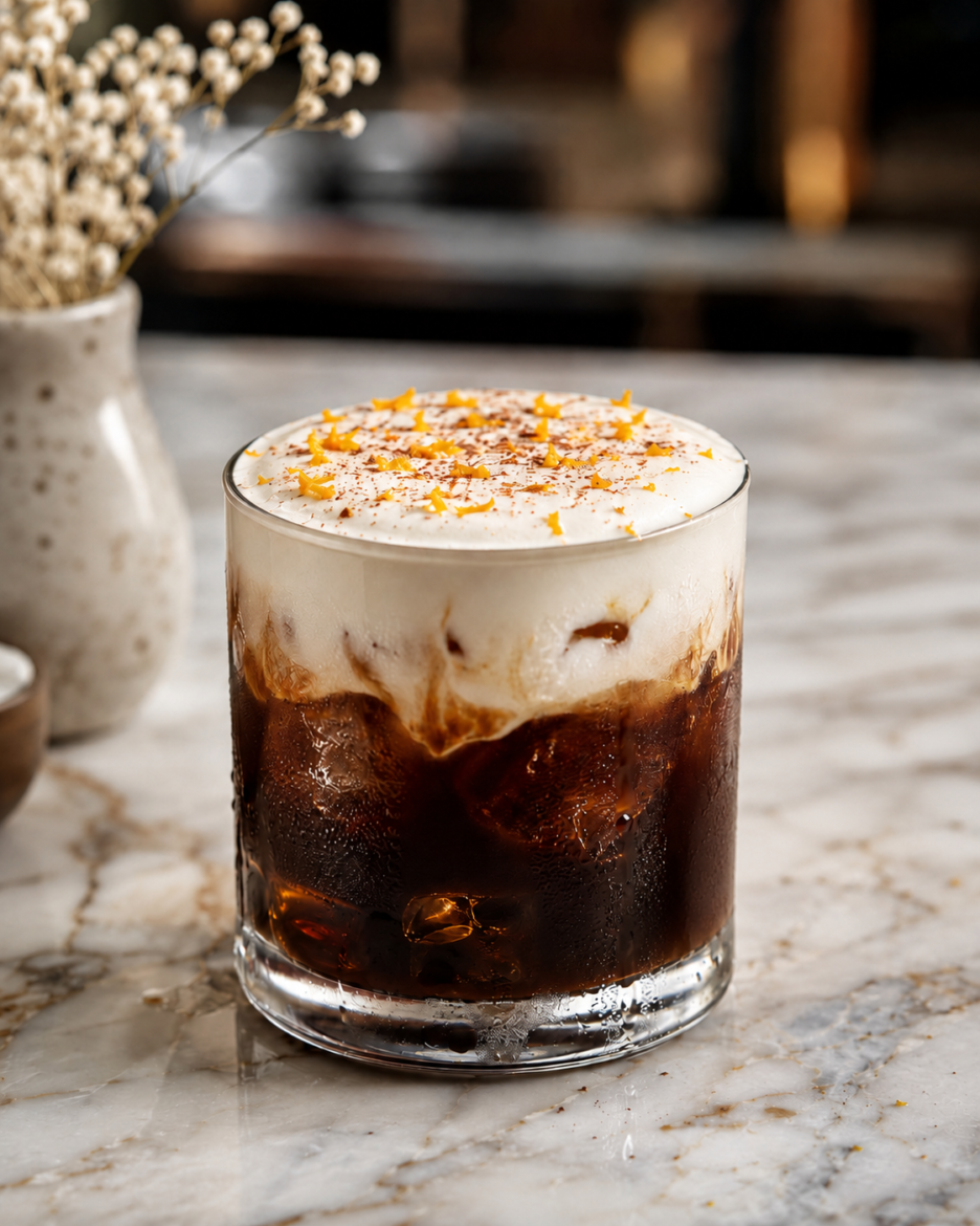 Glass of iced coffee with creamy foam and orange zest sprinkles on a marble surface
