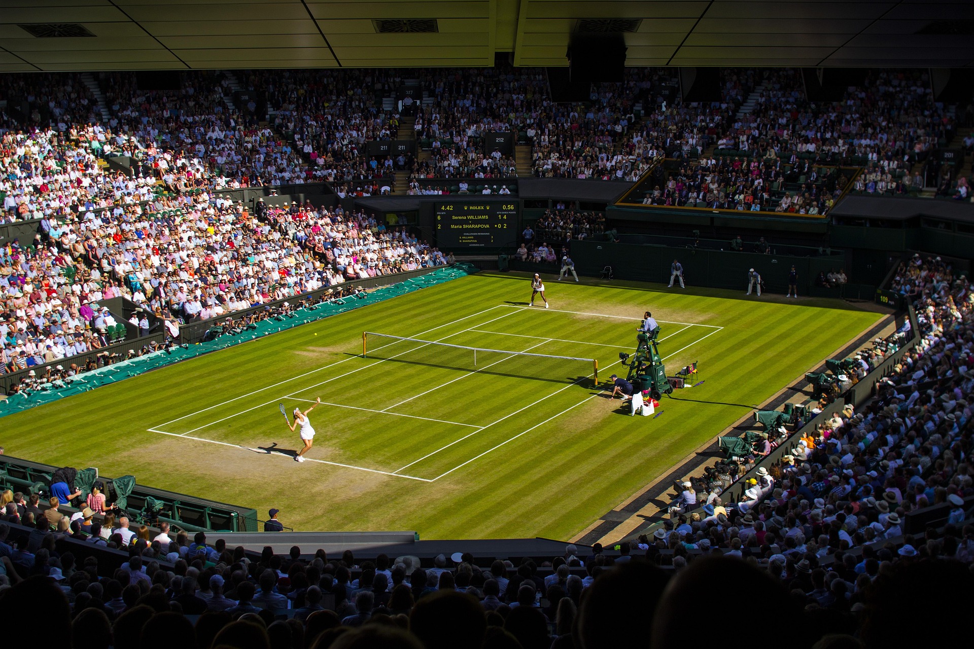 Tennis match on a sunlit grass court with a player serving, surrounded by a packed stadium.