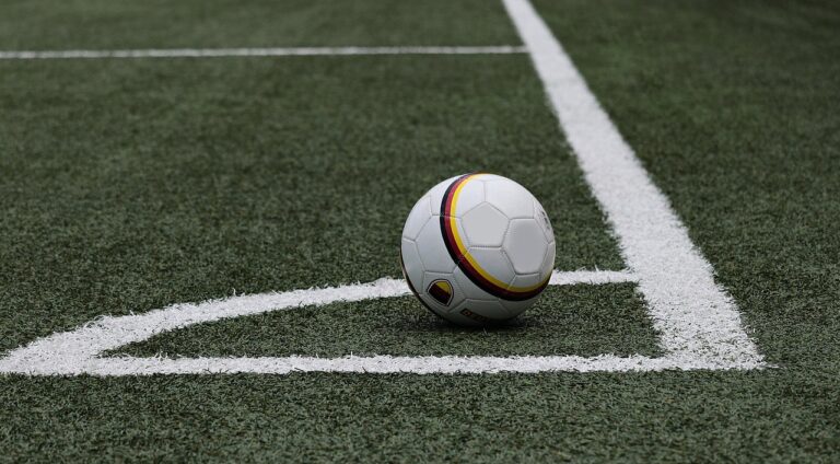 Soccer ball resting on a grassy field near white sideline markings. - Informative and concise option 1.