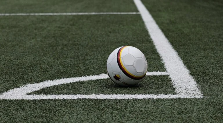 Soccer ball resting on a grassy field near white sideline markings. - Informative and concise option 1.
