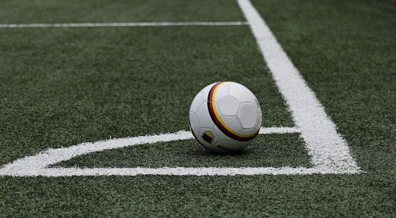 Soccer ball resting on a grassy field near white sideline markings. - Informative and concise option 1.