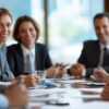 Group of professionals in suits around a conference table, smiling at the camera.