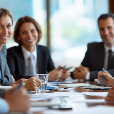 Group of professionals in suits around a conference table, smiling at the camera.