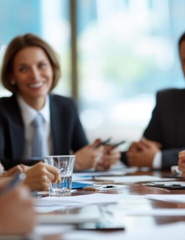 Group of professionals in suits around a conference table, smiling at the camera.