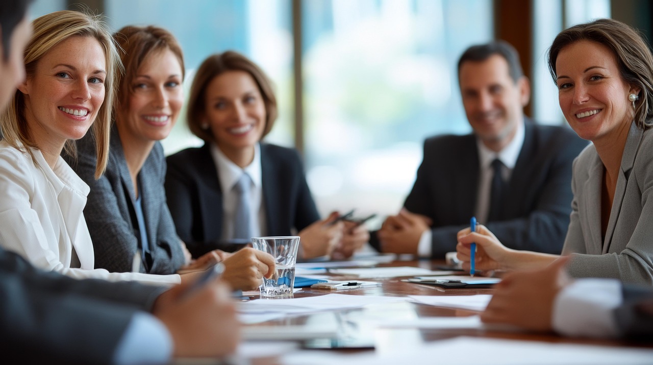 Group of professionals in suits around a conference table, smiling at the camera.