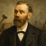 Portrait of a bearded man in a dark suit with a bow tie, in a vintage laboratory with tools and glassware behind him.