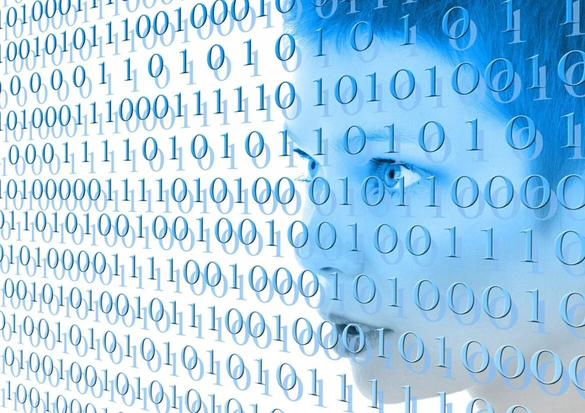 Profile of a woman's face overlaid with blue binary code (0s and 1s) representing digital data and privacy.