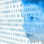 Profile of a woman's face overlaid with blue binary code (0s and 1s) representing digital data and privacy.