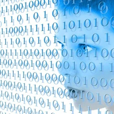 Profile of a woman's face overlaid with blue binary code (0s and 1s) representing digital data and privacy.