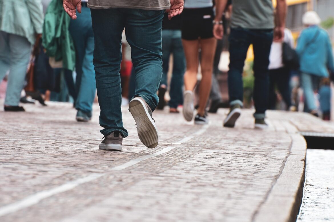 People walking away from the camera on a cobblestone sidewalk beside water, viewed from behind.
