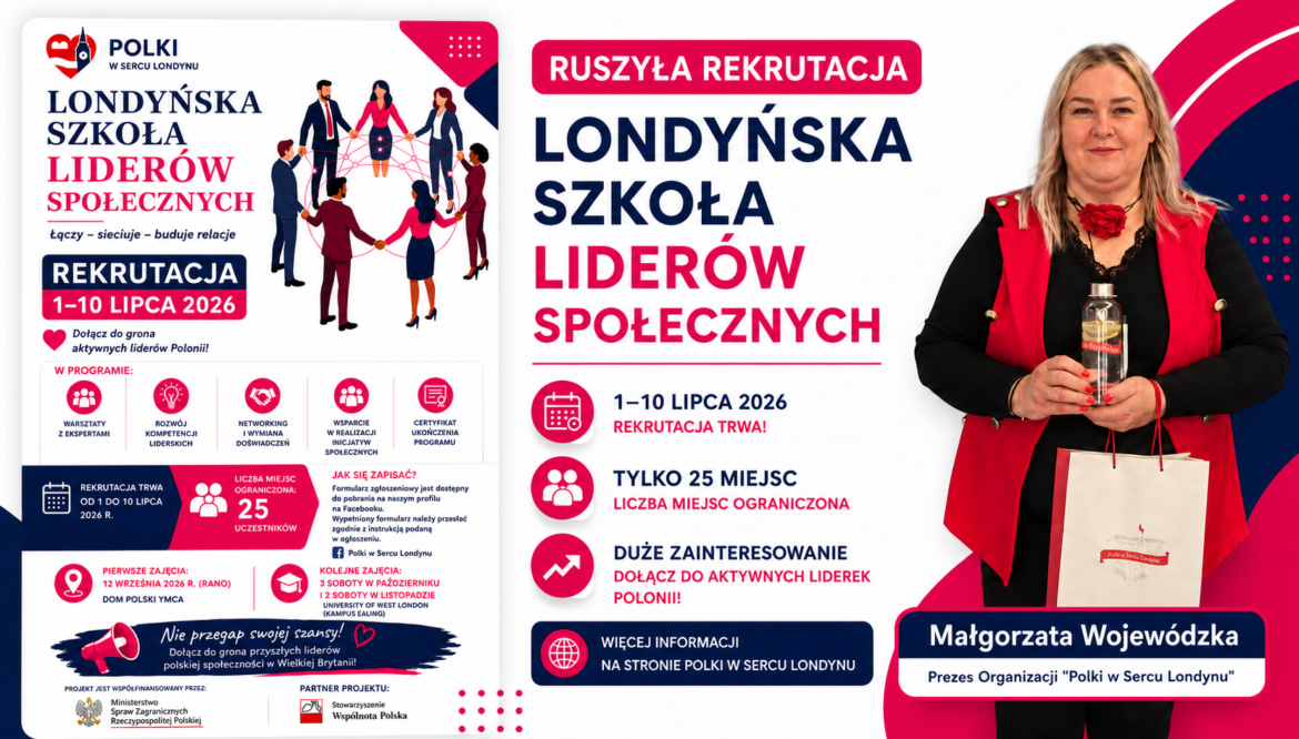 Małgorzata Wojewódzka, prezes organizacji Polki w Sercu Londynu, promuje rekrutację do Londyńskiej Szkoły Liderów Społecznych 2026.