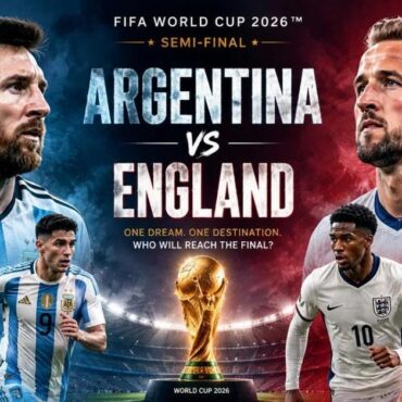 Promotional poster for FIFA World Cup 2026 semifinal: Argentina vs England with players and the trophy in the center.