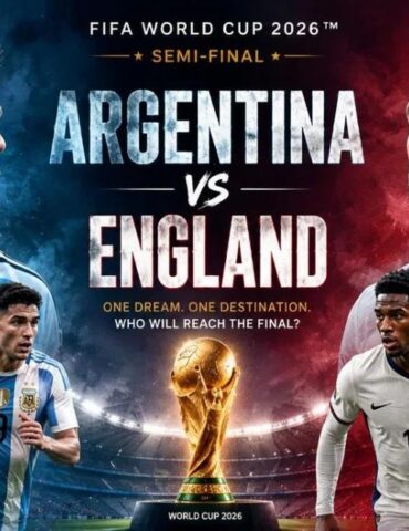 Promotional poster for FIFA World Cup 2026 semifinal: Argentina vs England with players and the trophy in the center.