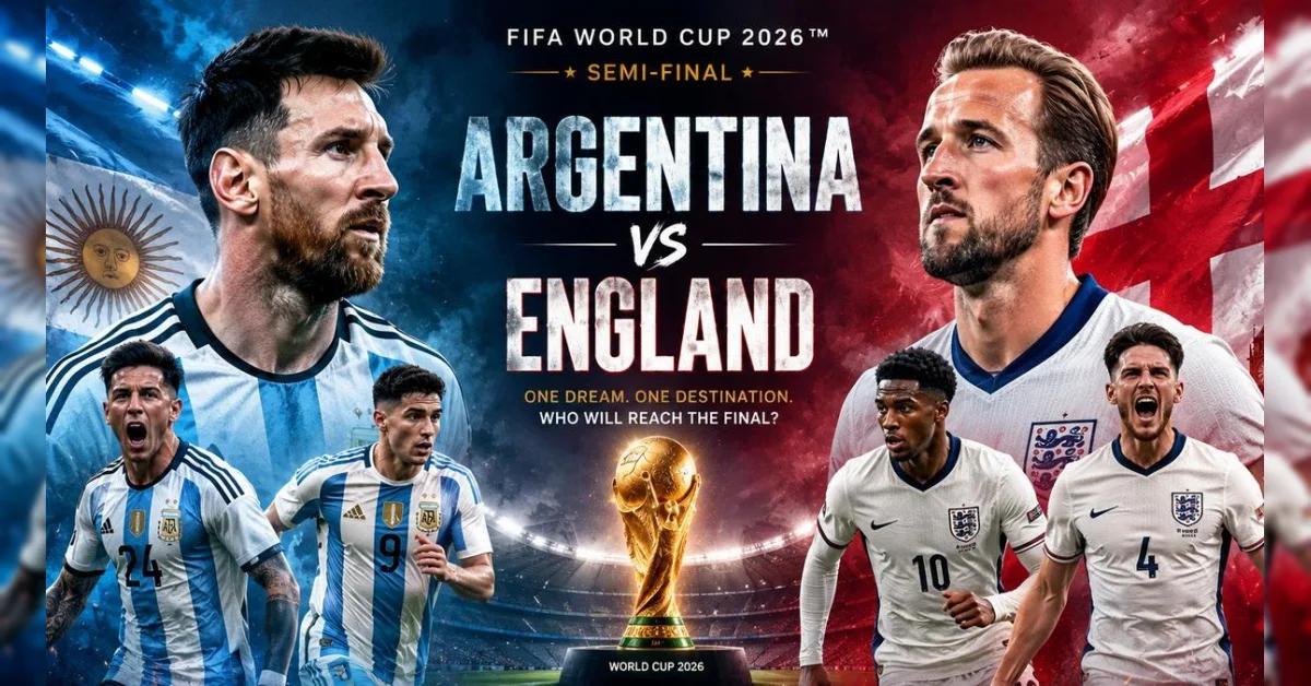 Promotional poster for FIFA World Cup 2026 semifinal: Argentina vs England with players and the trophy in the center.