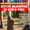 Promotional poster advertising a challenge to become a millionaire by year end, with bold Polish text and event logos on the left and a runner's legs in the background.