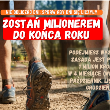Promotional poster advertising a challenge to become a millionaire by year end, with bold Polish text and event logos on the left and a runner's legs in the background.