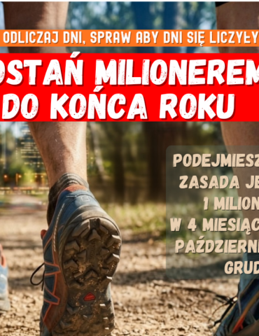 Promotional poster advertising a challenge to become a millionaire by year end, with bold Polish text and event logos on the left and a runner's legs in the background.