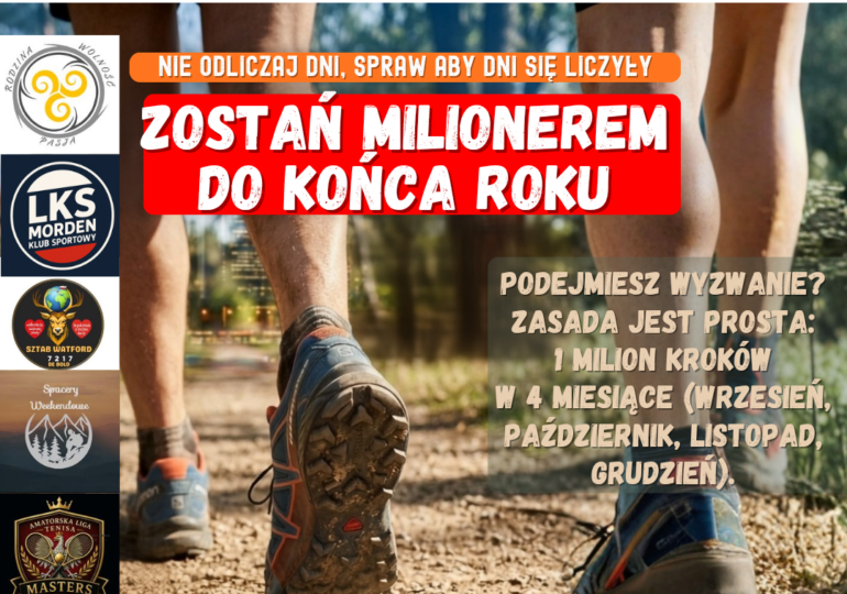 Promotional poster advertising a challenge to become a millionaire by year end, with bold Polish text and event logos on the left and a runner's legs in the background.