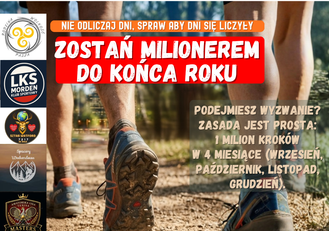 Promotional poster advertising a challenge to become a millionaire by year end, with bold Polish text and event logos on the left and a runner's legs in the background.