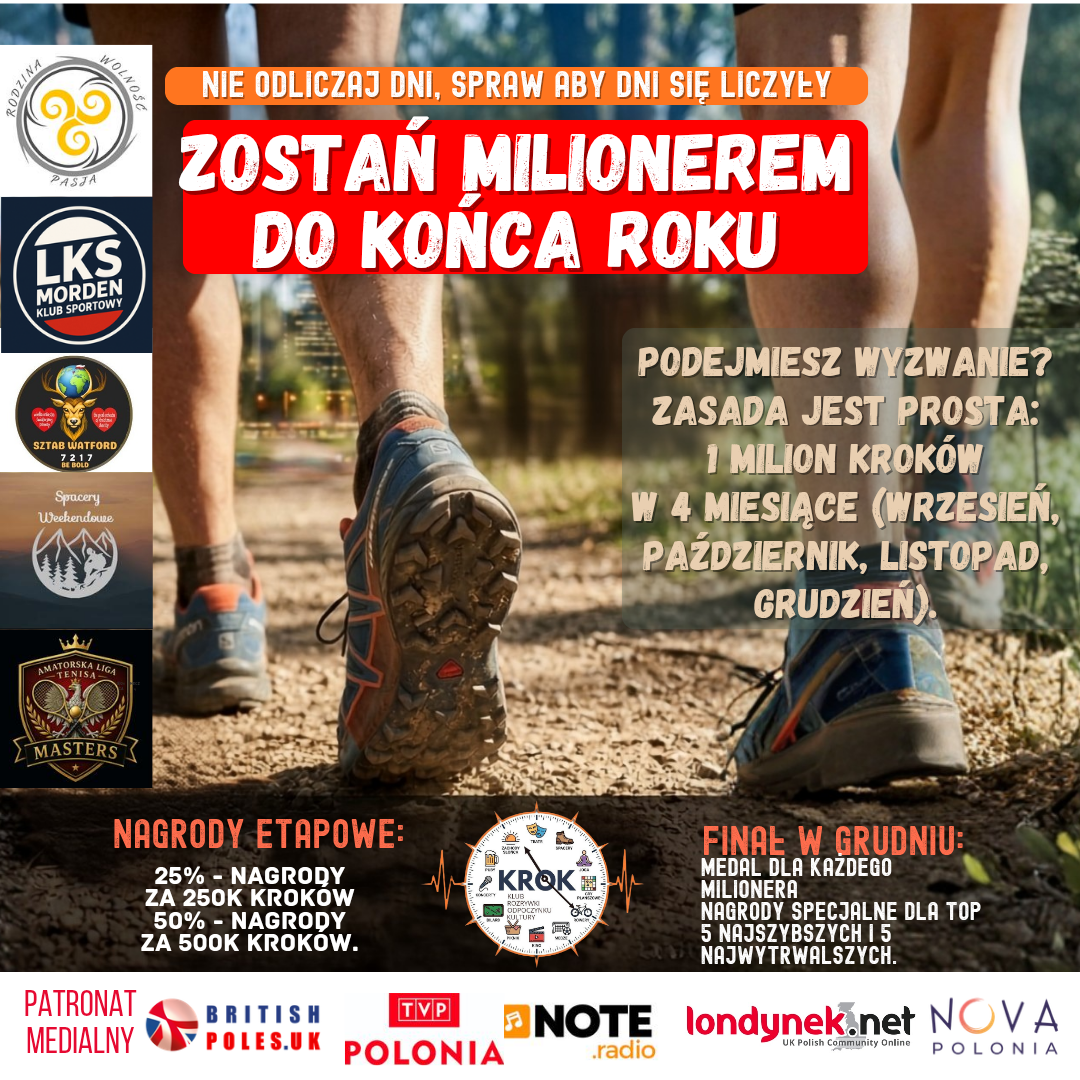 Promotional poster advertising a challenge to become a millionaire by year end, with bold Polish text and event logos on the left and a runner's legs in the background.