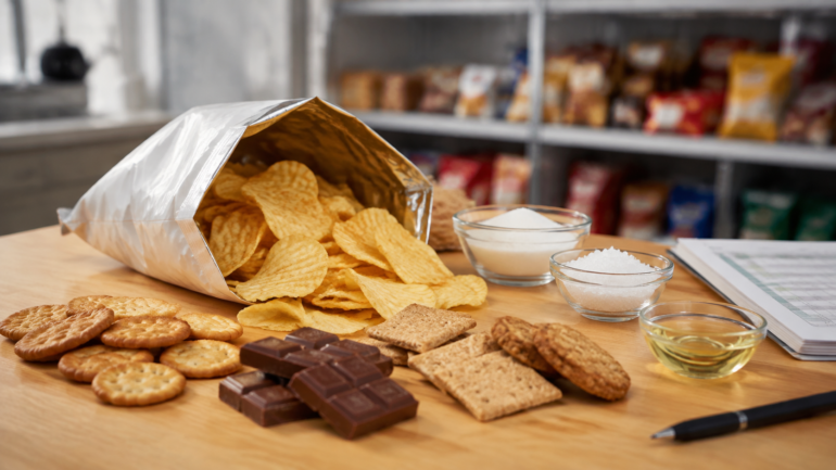 Open bag of potato chips spilling onto a wooden table with crackers, cookies, chocolate, and bowls of sugar and flour nearby.