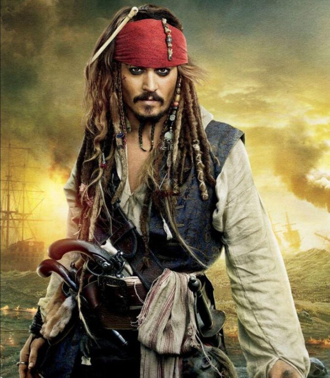 Captain Jack Sparrow in a red bandana and pirate outfit, standing in a smoky harbor with ships in the background