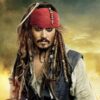 Captain Jack Sparrow in a red bandana and pirate outfit, standing in a smoky harbor with ships in the background