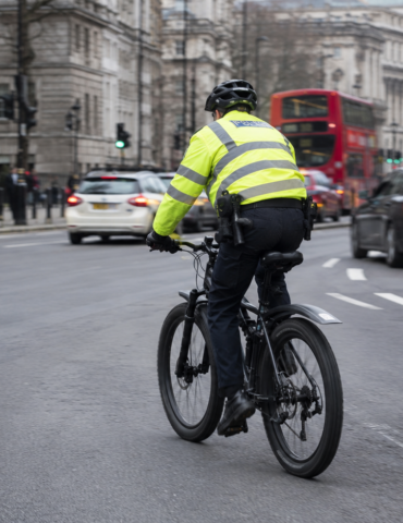 Two police officers on bicycles patrol a city street with a red double-decker bus in the background.",