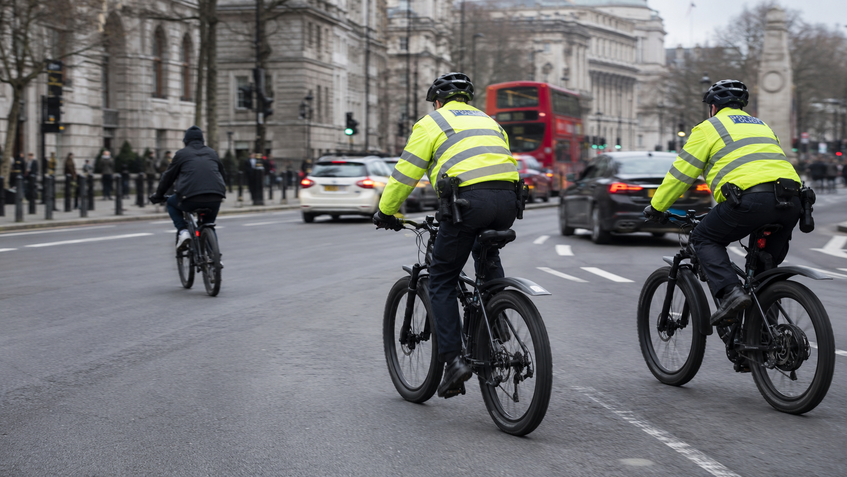 Two police officers on bicycles patrol a city street with a red double-decker bus in the background.",