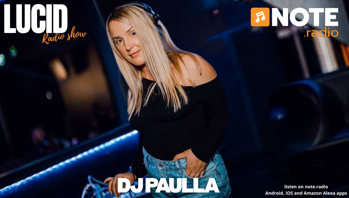 Portrait of a blonde female DJ wearing a black off-shoulder top in a nightclub, with LUCID and NOTE logos in the background, promoting a radio show.