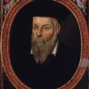 Portrait of a bearded man in dark clothing with a white collar, set in an oval frame with a Latin inscription around the edge.