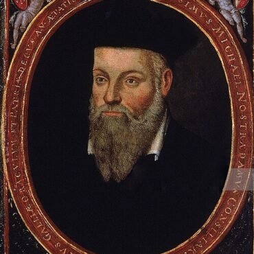Portrait of a bearded man in dark clothing with a white collar, set in an oval frame with a Latin inscription around the edge.
