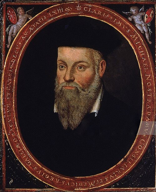 Portrait of a bearded man in dark clothing with a white collar, set in an oval frame with a Latin inscription around the edge.