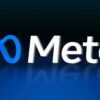 Meta wordmark with a blue looping symbol on a dark gradient background and reflective surface